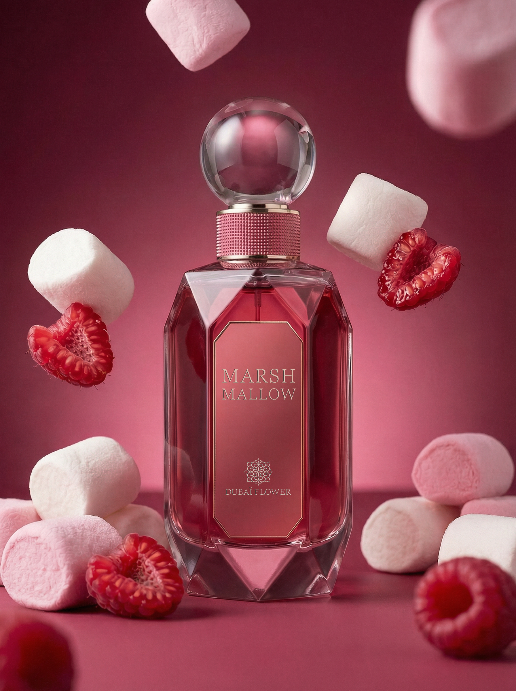 MARSHMALLOW - Parfum 80ml 1 MARSHMALLOW – Dubai Flower est une fragrance fruitée, florale et gourmande mêlant nectarine, citron d’Italie, guimauve, fleur d’oranger, fraise, coco et une base crémeuse de vanille, sucre, ambroxan et musc. Un parfum tendre, lumineux et irrésistiblement sucré, façonné dans un esprit haute couture.
