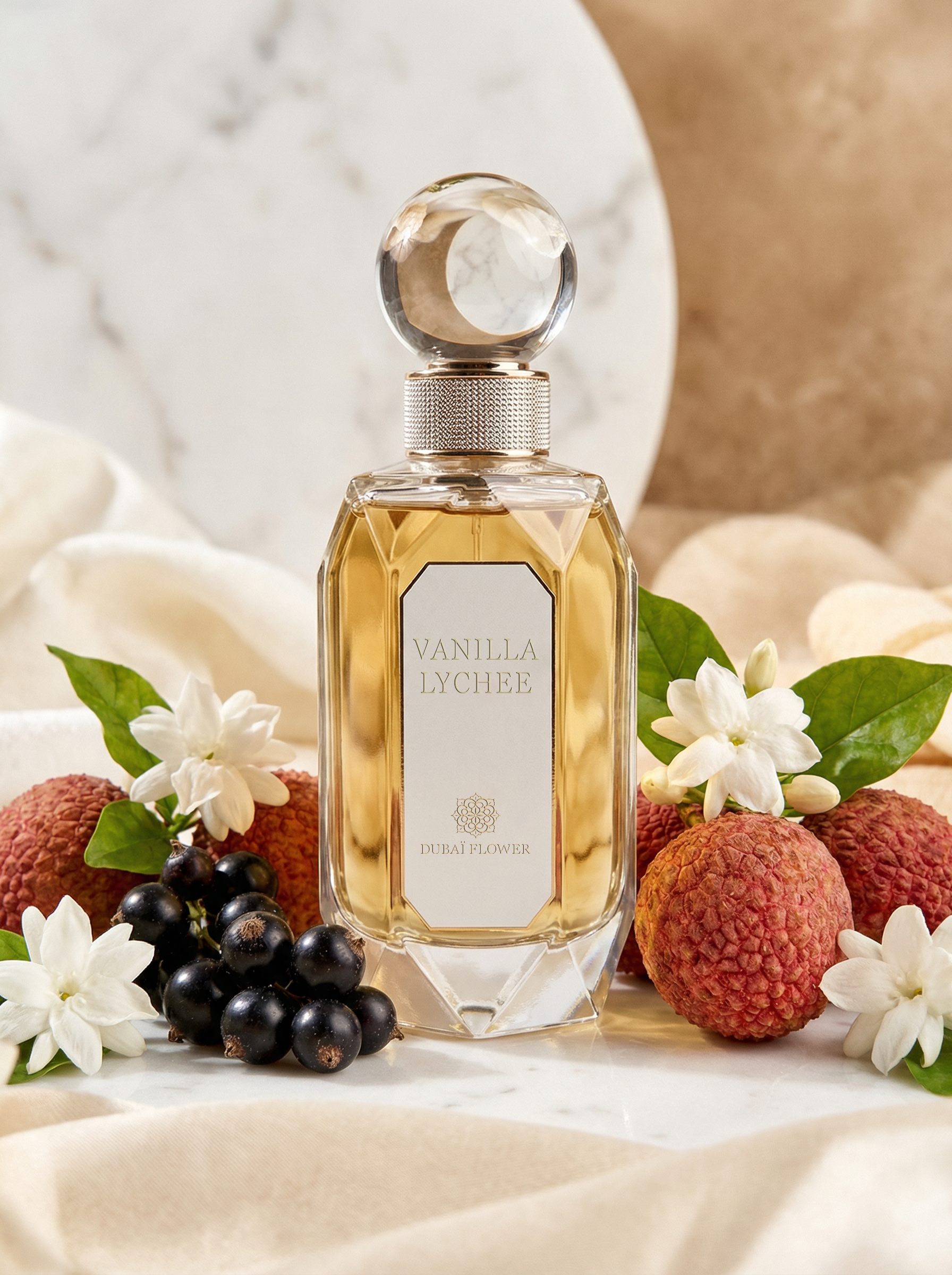 VANILLA LYCHEE - Parfum 80ml 1 VANILLA LYCHEE – Dubai Flower est une fragrance fruitée, florale et vanillée mêlant citron d’Italie, cassis, pomme rouge, litchi, jasmin sambac, violette, rose, et un fond enveloppant de bois de santal, vanille, cèdre, ambre, sucre et musc. Un parfum moderne, lumineux et irrésistiblement élégant, inspiré de l’univers haute couture.